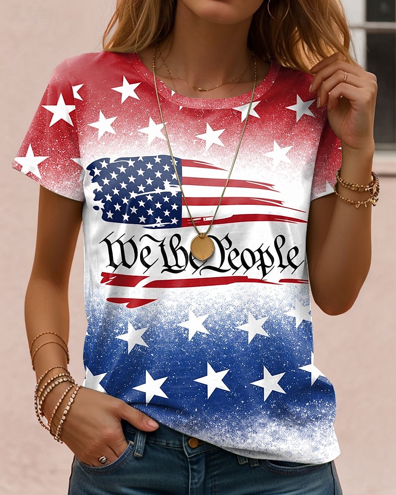 Onafhankelijkheidsdag Patriottische Dames T-shirt Grafische Vlag Letter Vintage Mode Stijlvol Korte Mouw Crew Neck Reguliere Tops Dagelijks Weekend Print Rood Paars Groen Khaki Zomer Lente Herfst 2026 - $22.99 –P1