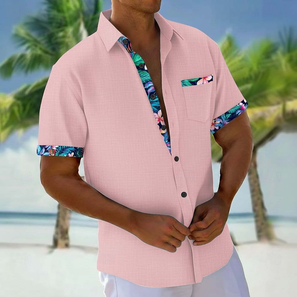 Men's Tropical Plants Flowers Shirt Hawaiian Shirt Aloha Shirt Short Sleeve Hawaiian Vacation Holiday Summer Turndown 3D Print Front One Pocket Linen Like Shirt Blue White Pink Khaki 2026 - $25.99 –P1
