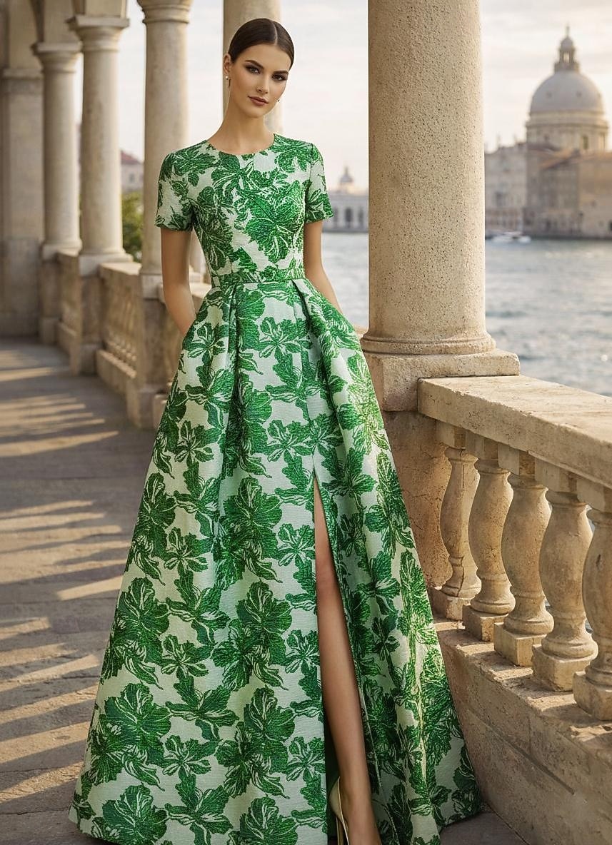 A-Line Floor Length Evening Gown Ball Gown Elegant Vintage Floral Short Sleeve Crew Neck Garden Party Wedding Pocket Jacquard Cowl Back with Slit Pocket 2026 - $182.99 –P1