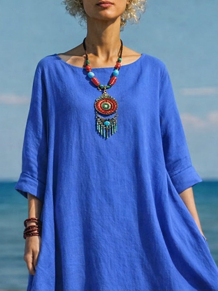 Women's Cotton Linen Maxi Dress Shift Dress Casual Daily Regular Fit Plain 3/4 Length Sleeve Crew Neck Blue White Red Dark Green Summer Spring Fall 2026 - $14.99 –P4