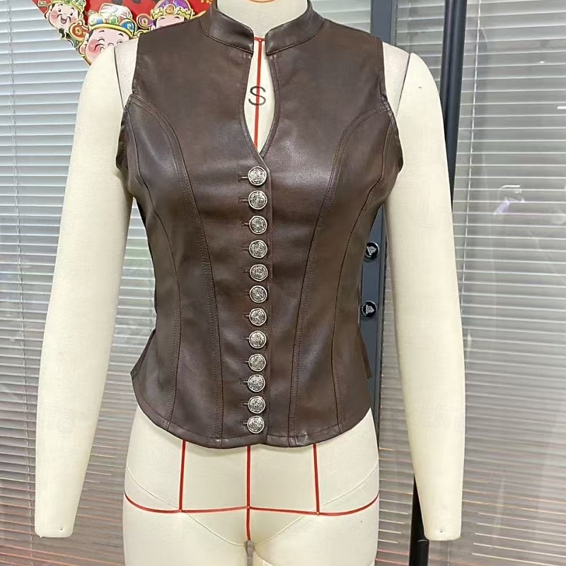 Per donna Maglietta Canotta Bottoni Semplice Moda Classico Casual Senza Maniche Scollo a V Top Regolari Quotidiano Uscire Weekend Marrone Estate Primavera del 2026 a $65.99 –P3