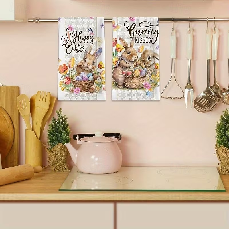 2 stk. kjøkkenhåndklær med påskehare-trykk, vaskbare vårhåndklær med påskehare &eggmønstre, moderne gårdshus rektangulære oppvaskkluter egnet for vårsesongdekorasjonsgave 2026 - $9.99 –P4