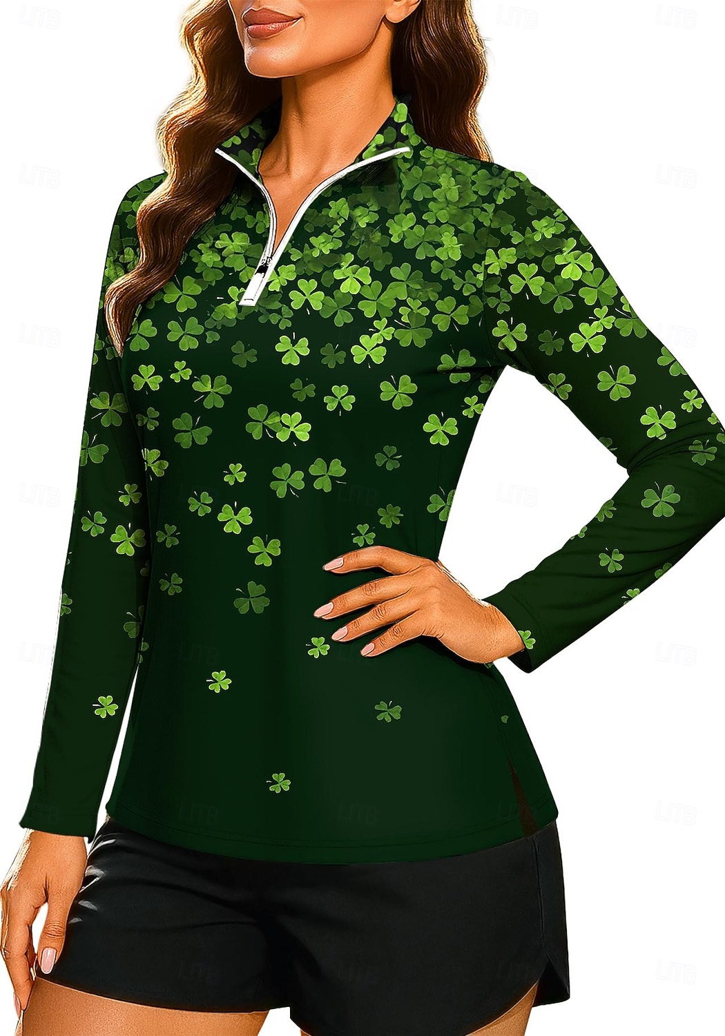 Saint Patrick Femmes Dégradé Trèfle Sweat-shirt Sweat-shirt polo Hauts Chemise manche longue Fermeture éclair Imprimé Quart de zip UPF50+ Résistant aux UV Élastique Respirant Volley-ball Tennis Le de 2026 ? $25.99 –P6
