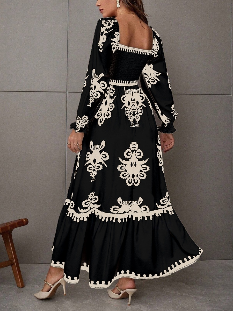 Mujer Vestido maxi Vestido de una línea Vestido de flores Elegante Moda Moderno Exterior Vacaciones Fiesta Ajuste regular Floral Manga Larga Escote Cuadrado Negro Burdeos Marrón Albaricoque Primavera 2026 - $41.99 –P5