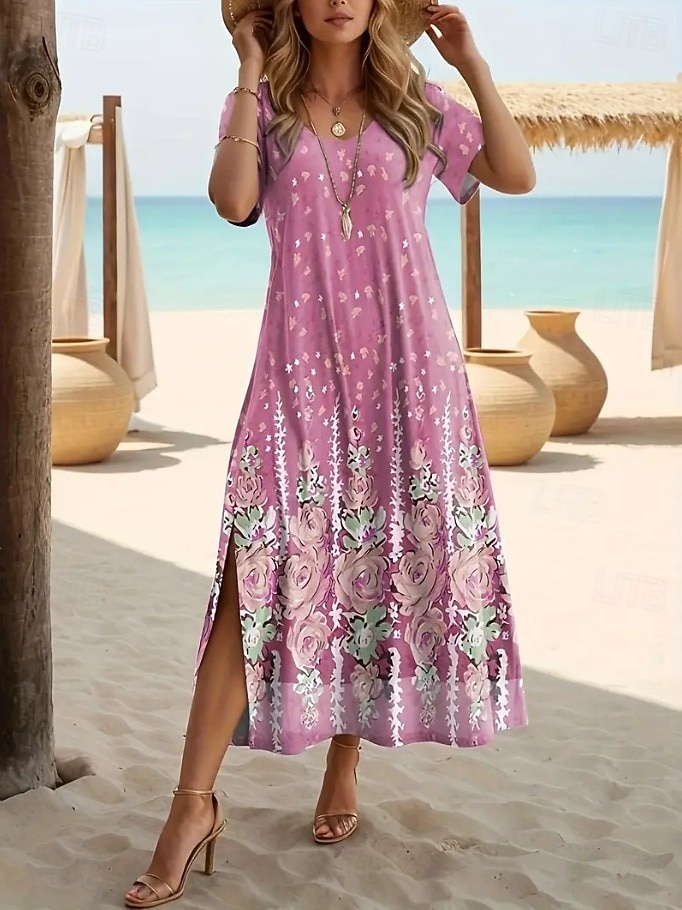 Women's Midi Dress A Line Dress Casual Daily Regular Fit Floral Short  Sleeve V Neck Light Green Pink Summer Spring 2026 - GBP 22.99