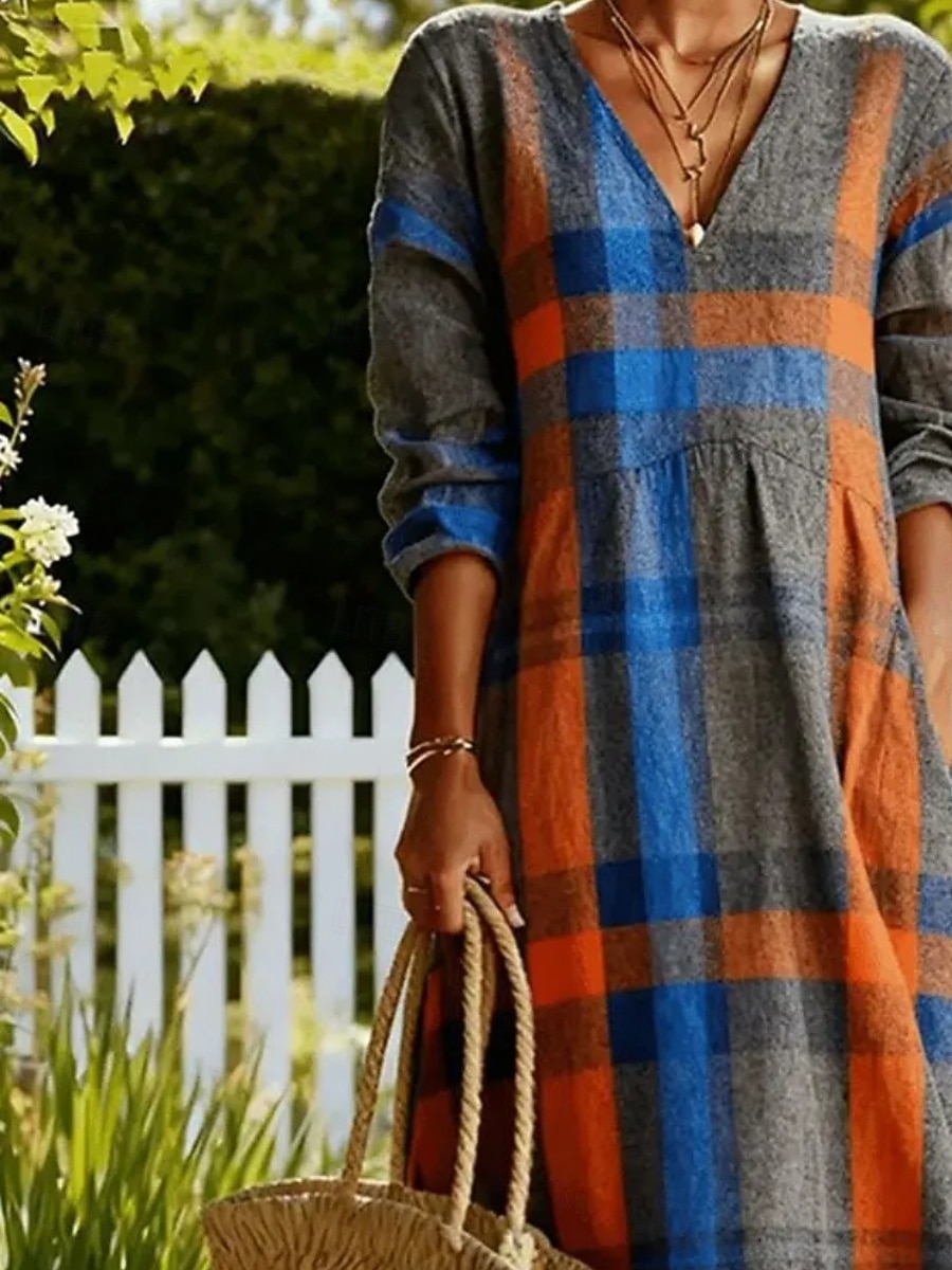 Mujer Vestido maxi Vestido de Camisa Vestido informal Moda Básico Moderno Diario Exterior Playa Ajuste regular Geométrico Plaid Manga 3/4 Escote en Pico Azul Piscina Verano Primavera 2026 - $34.99 –P3