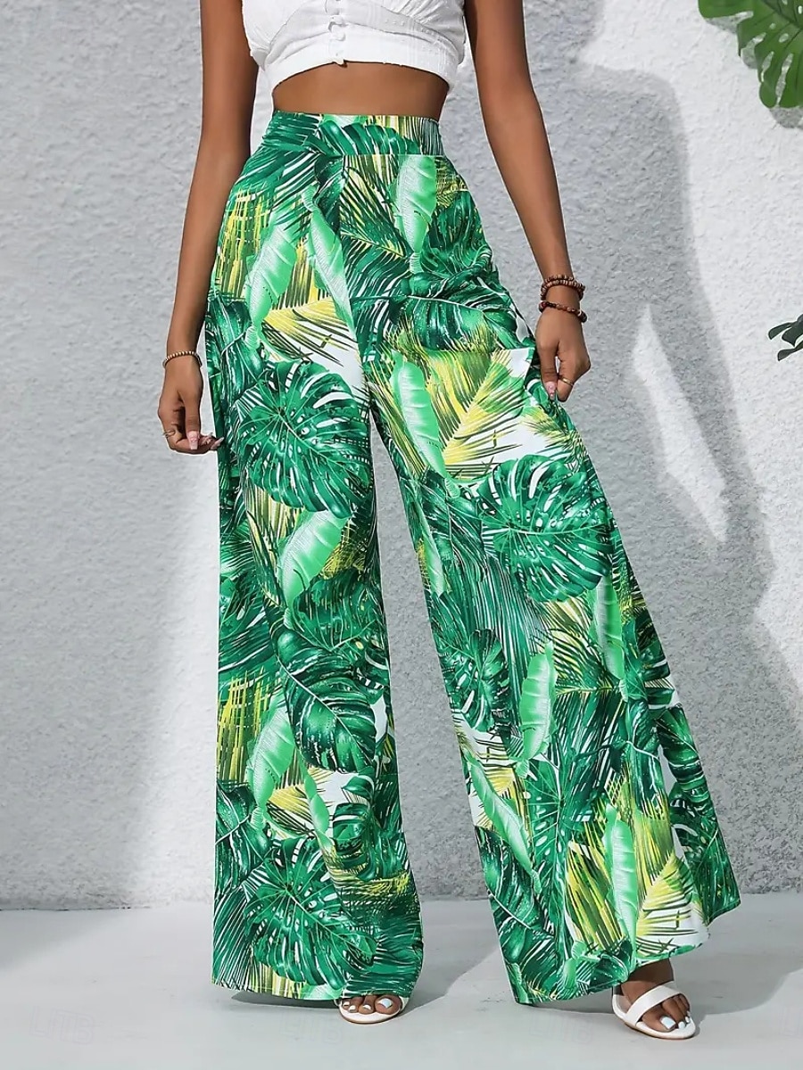 Damen Weite Hosenbeine Chinos Palazzo-Hose Urlaub Streetwear Basic Volle Länge Mittlere Taillenlinie Blumen Tropisch Elastischer Bund Drucken Bequem Unelastisch Täglich Outdoor Straße Blau Marineblau 2026 - $22.99 –P8