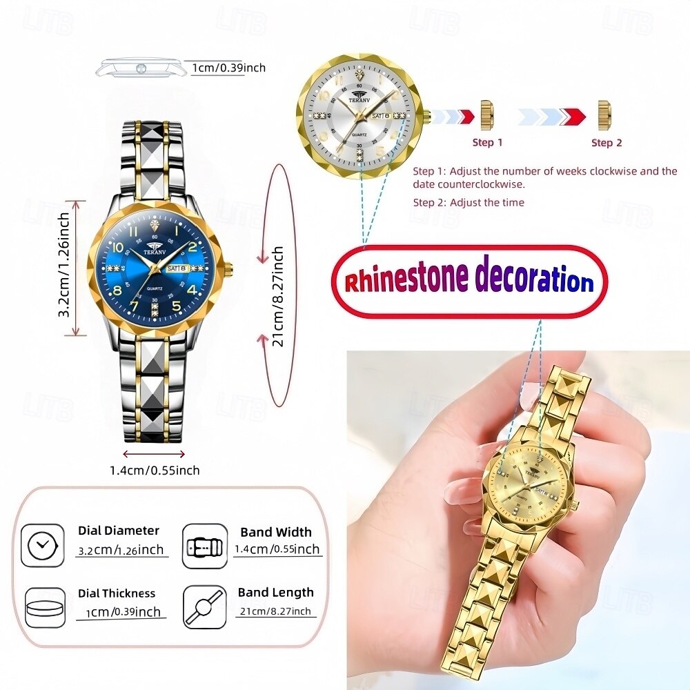 Ladies' Quartz Watches Are Fashionable Casual and Elegant Equipped with Rhinestone Decorations and Dual Calendar Luminous Dials Making Them The Best Mother's Day Gift Choice for Ladies 2026 - $22.99 –P1