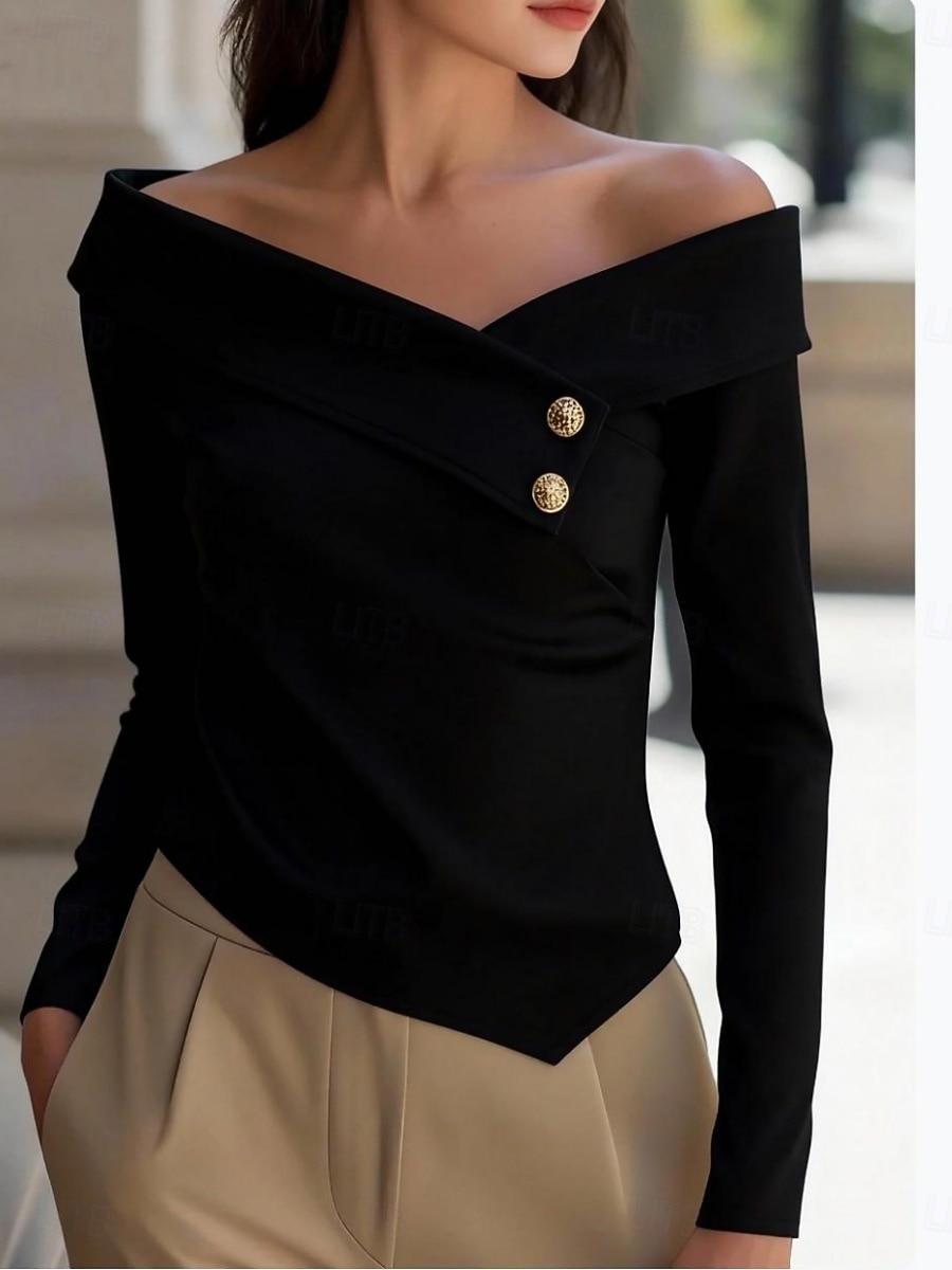 Mulheres Blusa Botões Côr Sólida à moda Casual Manga Longa Ombro a Ombro Tops regulares Diário Preto Branco Primavera Outono de 2026 por $28.99 –P4