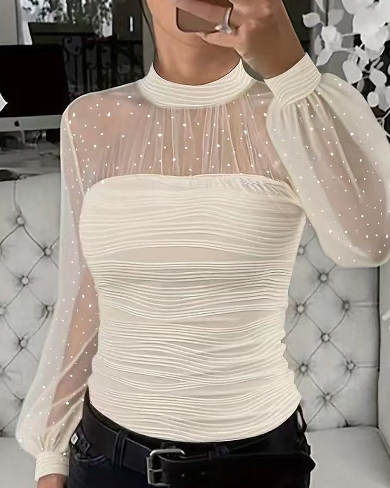 Γυναικεία Πουκάμισο Μπλούζα Κουρελού Δίχτυ Σκέτο Κομψό Στυλάτο Μακρυμάνικο Ζιβάγκο Κανονικά μπλουζάκια Καθημερινά Αργίες Εξόδου Μαύρο Λευκό Ανθισμένο Ροζ Καλοκαίρι Άνοιξη 2026 - $26.99 –P3