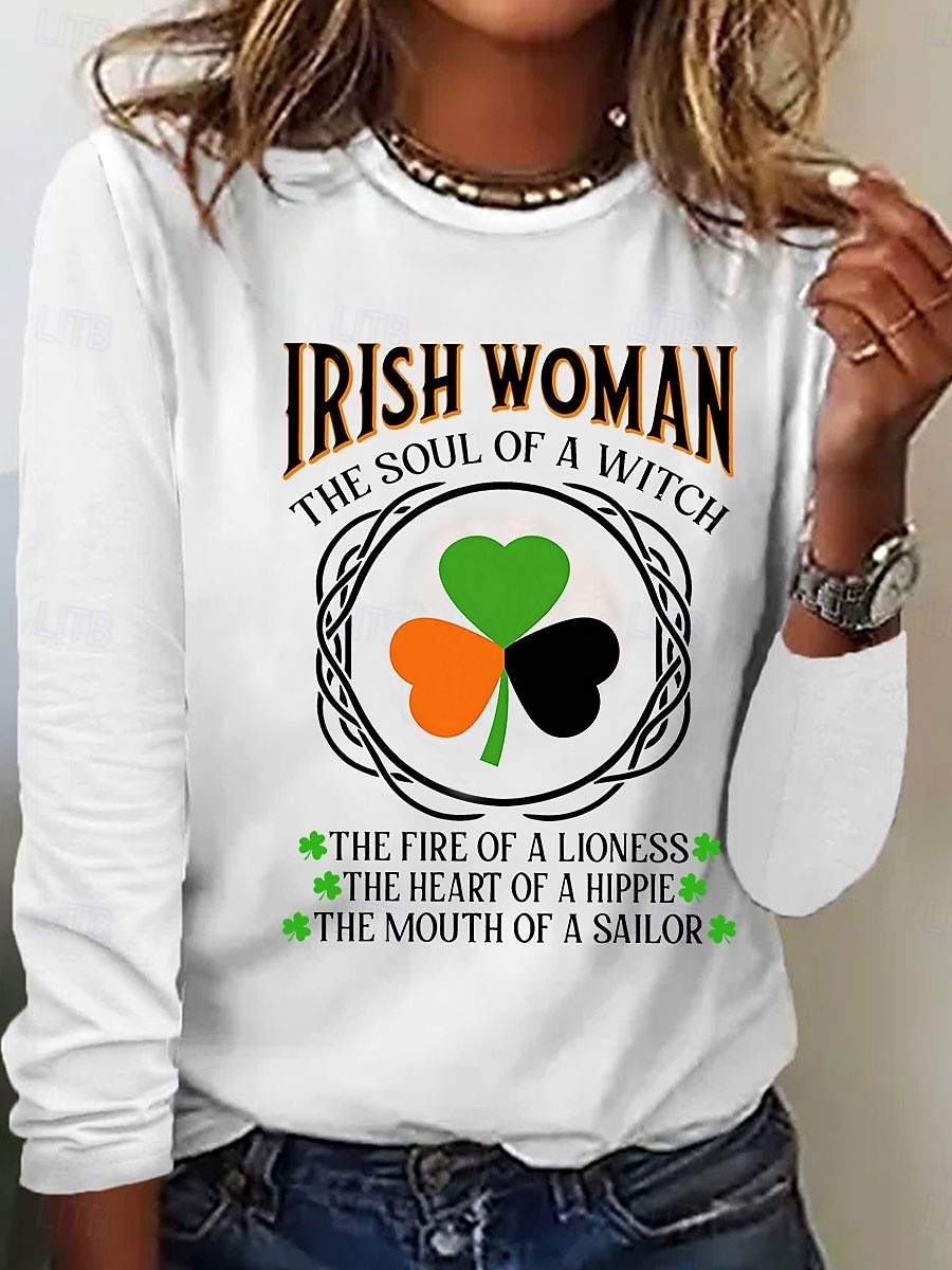 T-shirt da donna per il giorno di San Patrizio Graphic Shamrock Lettera Stilosa Classica Casual a maniche lunghe Collo tondo Tops normali Stampa Daily Blu Nero Bianca Rosa Beige Primavera Autunno del 2026 a $24.99 –P1