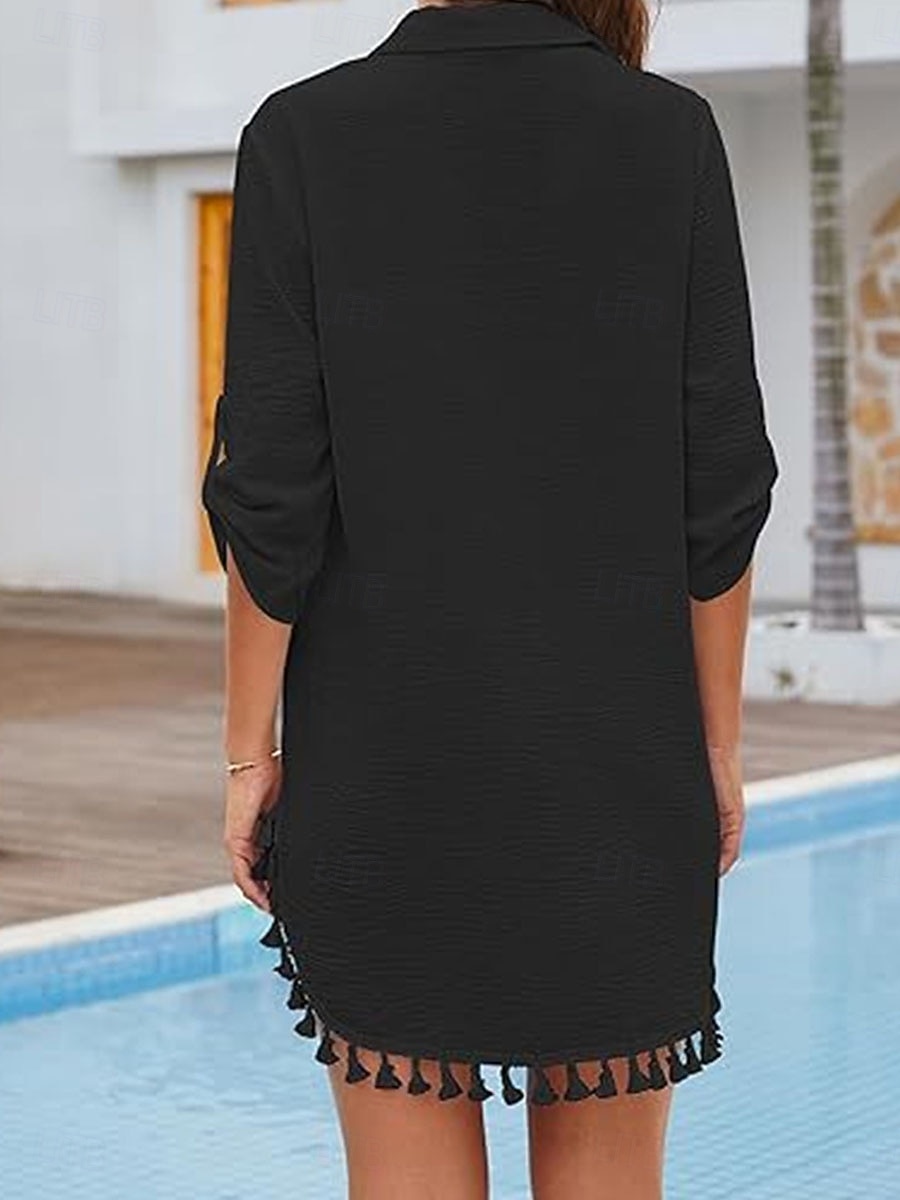 2026年 女性用 ミニドレス 白いドレス ビーチドレス 黒いドレス シャツドレス エレガント ファッション クラシック 日常 アウトドア ビーチ ルーズフィット 平織り 七分袖 シャツカラー ブラック ホワイト 夏 春  コレクション – $31.99 –P5