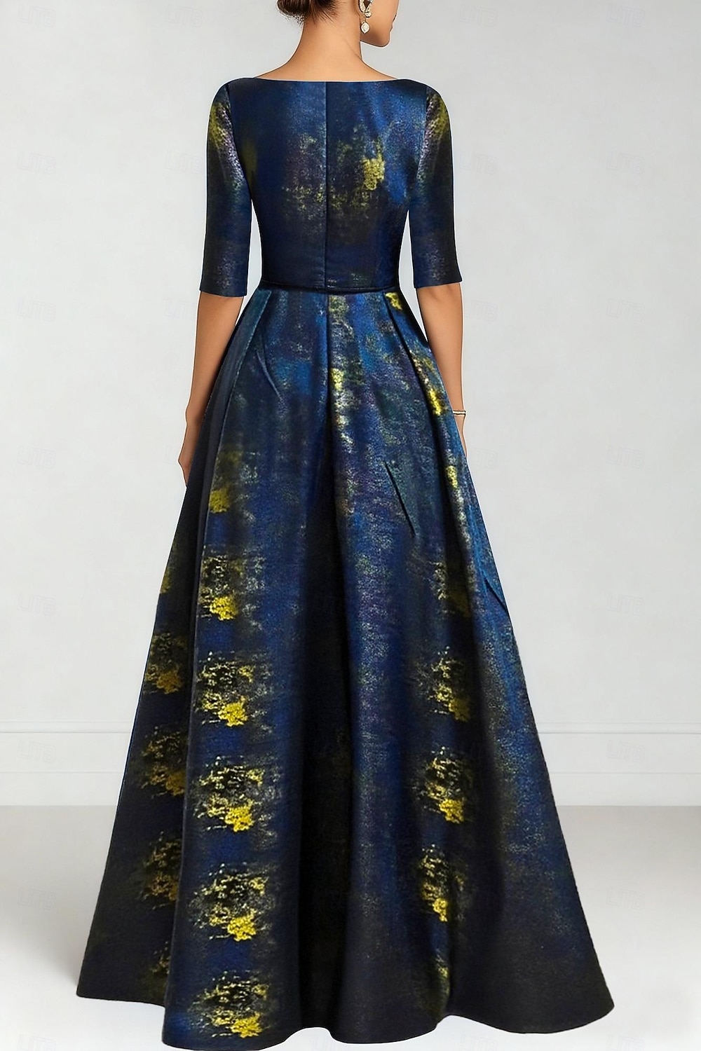 Blue Jacquard Brocade A-Line Evening Gown Elegant Formal Dress Formal Wedding Floor Length Short Sleeve V Neck Nylon with Slit Pocket 2026 - $206.99 –P2