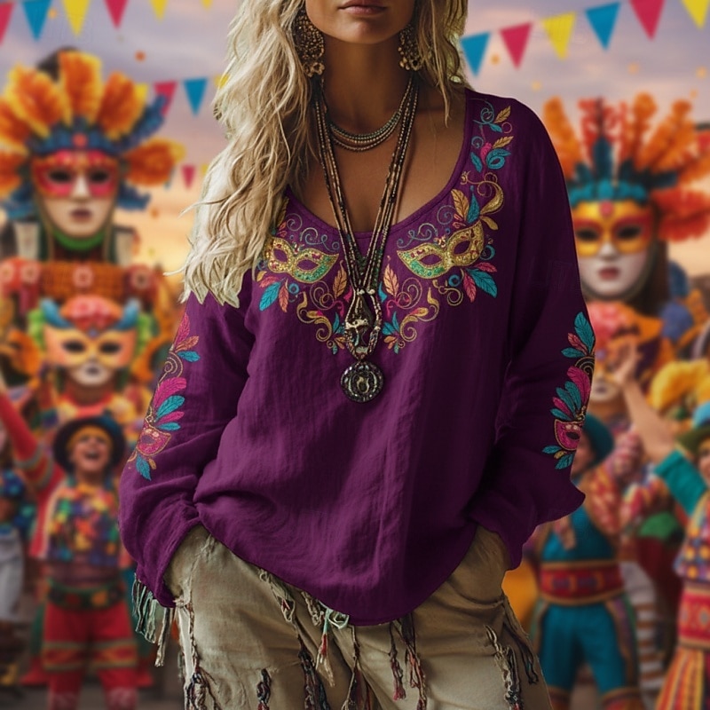 Carnaval Mardi Gras Mujer Camiseta bohemia Camiseta Camiseta superior Estampado Graphic Vintage Étnico Casual Manga Larga Escote en Pico Tops regulares Diario Fin de semana Ropa de vacaciones Lavanda 2026 - $25.99 –P1