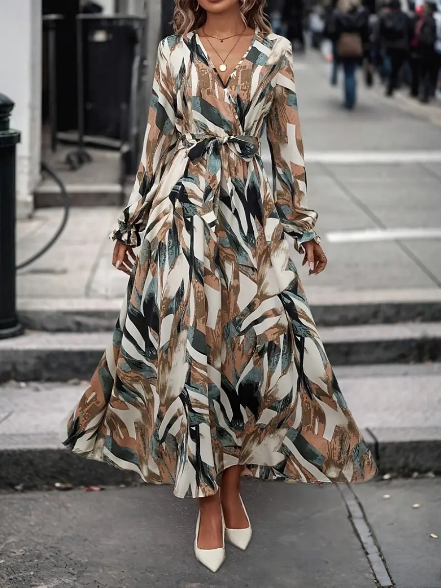Women's Long Dress Maxi Dress A Line Dress Floral Dress Elegant Fashion Modern Daily Outdoor Vacation Regular Fit Floral Long Sleeve V Neck Red Brown Spring Fall 2026 - $25.99 –P11