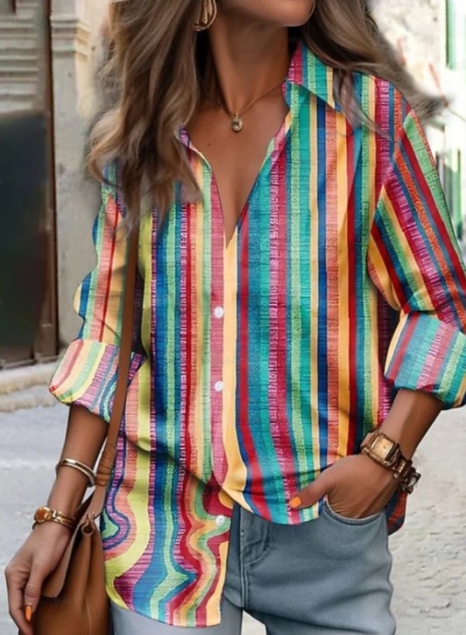 Жен. Рубашка Блуза Пэчворк Пуговицы С принтом Графика Геометрический принт В клетку Винтаж тропический Повседневные Длинный рукав Рубашечный воротник Обычные топы Повседневные 2026 - $32.99 –P3