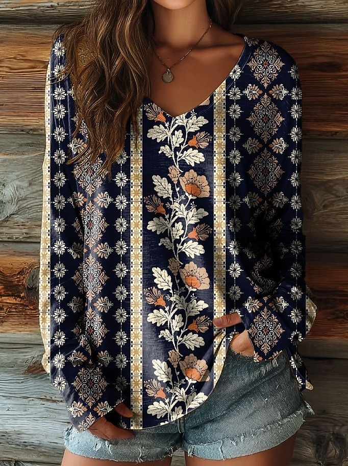 Γυναικείο T-Shirt Boho Λουλουδάτο Γραφικό Φυτά Vintage Στυλάτο Casual Μακρύ Μανίκι V Neck Κανονικά Μπλουζάκια Καθημερινά Σαββατοκύριακο Ρούχα Παραλίας Εκτύπωση Γκρι Μαύρο Μπεζ Καλοκαίρι Άνοιξη 2026 - $24.99 –P3