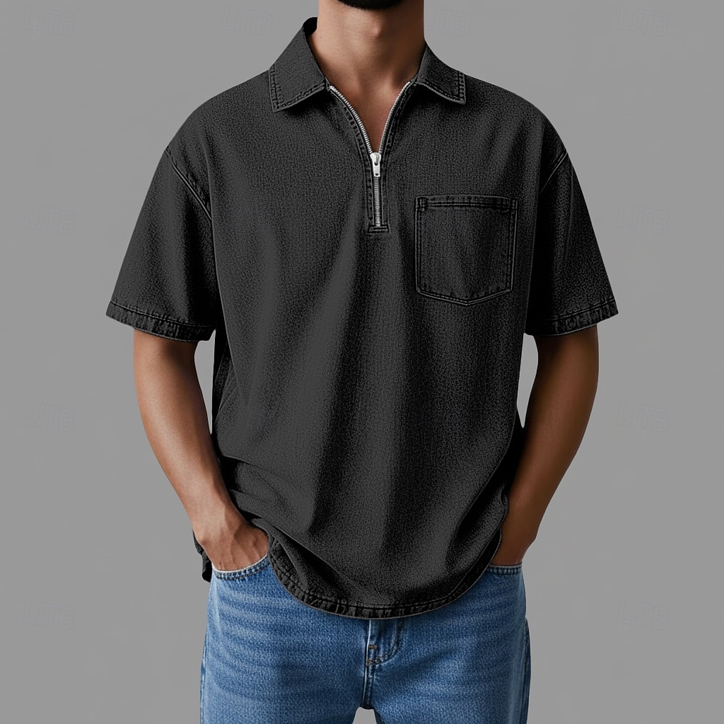 Polo de cremallera SoftFade™ Camiseta de Algodón para Hombre Ropa diaria Cita Media cremallera Manga corta Moda Básica Lisa Bolsillo con cremallera Primavera y Verano Ajuste regular Negro Rosa Marrón 2026 - $35.99 –P3