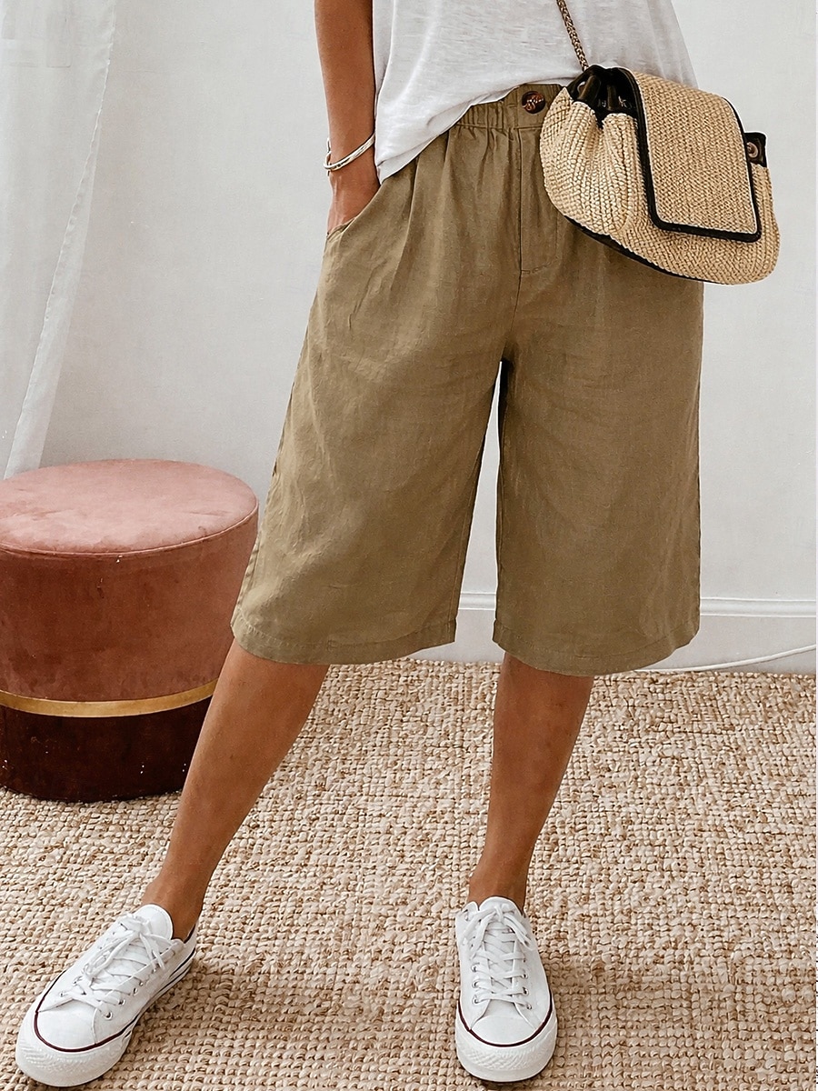 Dam Capribyxor Kinesiska Shorts Sommarshorts Semester Grundläggande Knelängd Medium Midja Komfort Oelastisk Ledigt Dagligen Hem Vit Kaki Sommar Vår Normal 2026 - $21.99 –P1