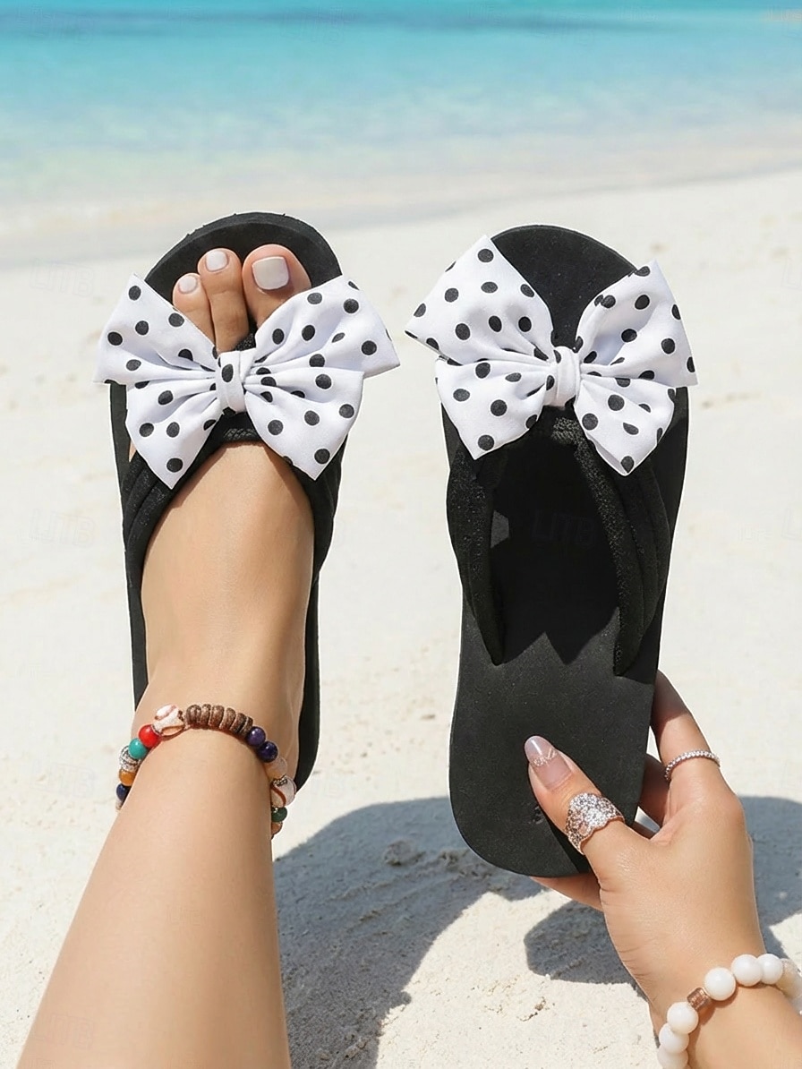 Damflip-flops med prickig rosett – avslappnade strandsandaler med bekväm platåsula för semester, sommar och avkoppling vid poolen 2026 - $19.99 –P1