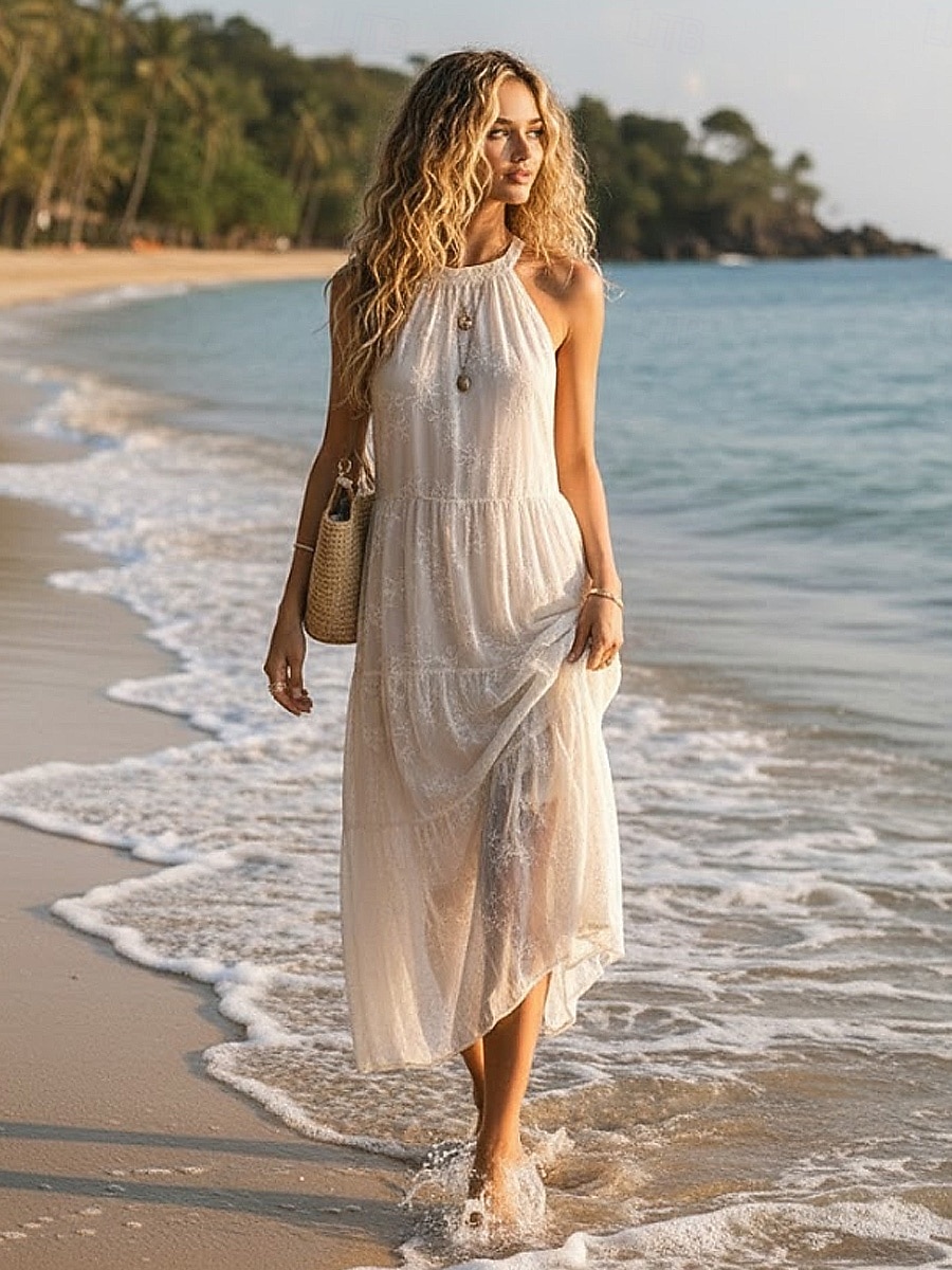 Mujer Vestido maxi Vestido de una línea vestido halter Vestido con hombros descubiertos Casual Exterior Noche Ajuste regular Floral Sin Mangas Cuello halter Albaricoque Verano Primavera 2026 - $37.99 –P2