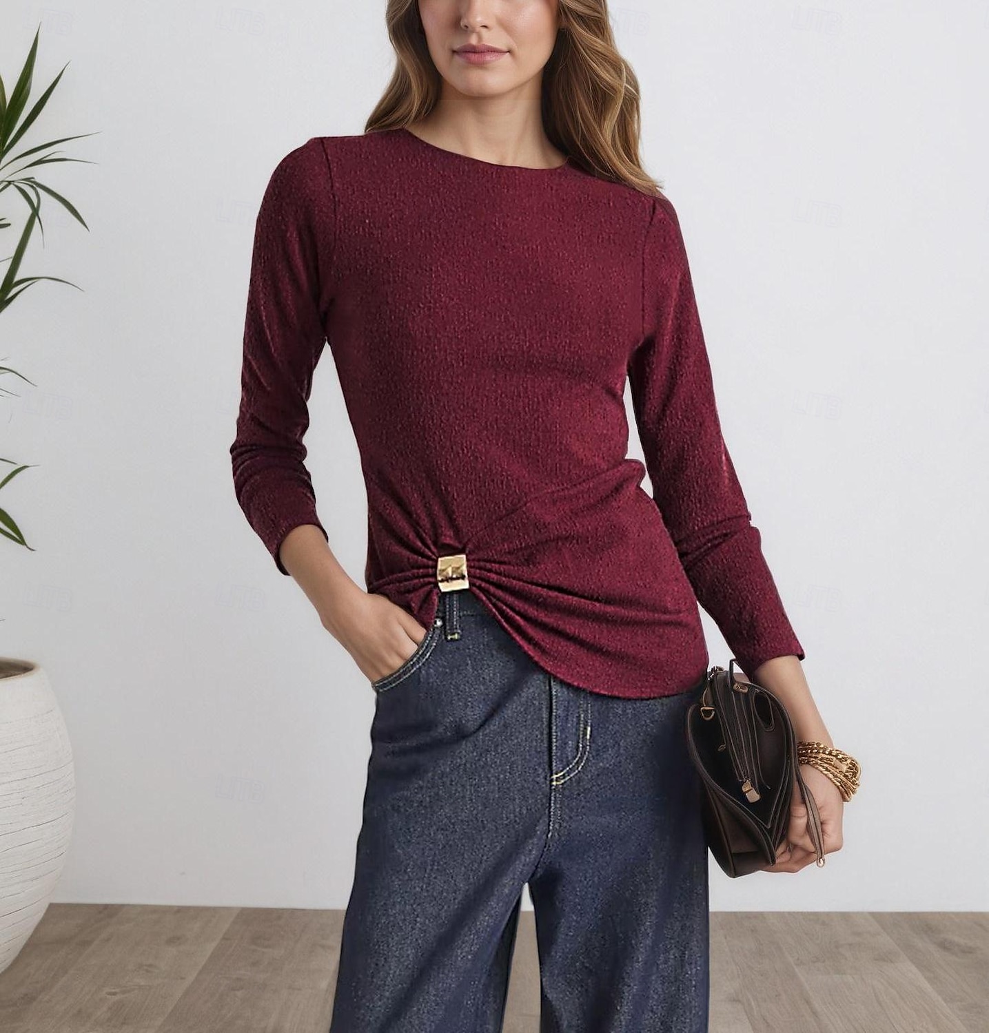 Femmes Flou Froncé Boucle en métal Couleur Unie Mode Occasionnel manche longue Col ras du cou Col rond Hauts Réguliers Quotidien Sortir Vin Printemps Automne de 2026 ? $22.99 –P1