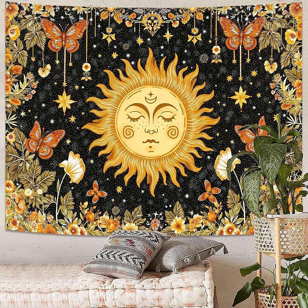 Tapiserie de perete cu soare, agățat, boho ceresc, fluture, stele, flori, cameră de yoga, decor de meditație, artă spirituală zen, poster din material textil pentru sufragerie 2026 - $20.99 –P2