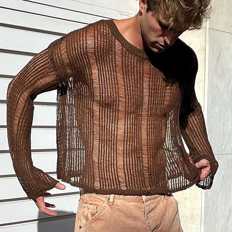 Men's Knit Tee Tee Top Long Sleeve Crew Neck Summer Solid Color Daily Casual Street Style Mesh Knitting Casual Outdoor Street Dark Brown Top Tee for Men 2026 - $26.99 –P1