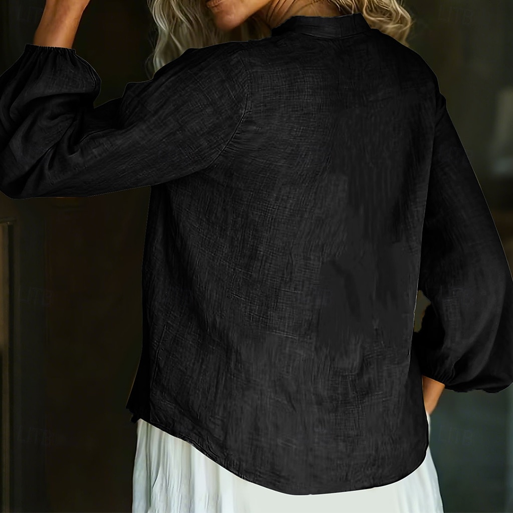 Mulheres Camisa de linho camisa de verão camisa de botão Bolsos Côr Sólida Tecido Diário à moda Casual Manga Longa Decote V Tops regulares Feriado Roupa de Praia Roupas de resort Preto Branco Amarelo de 2026 por $27.99 –P8