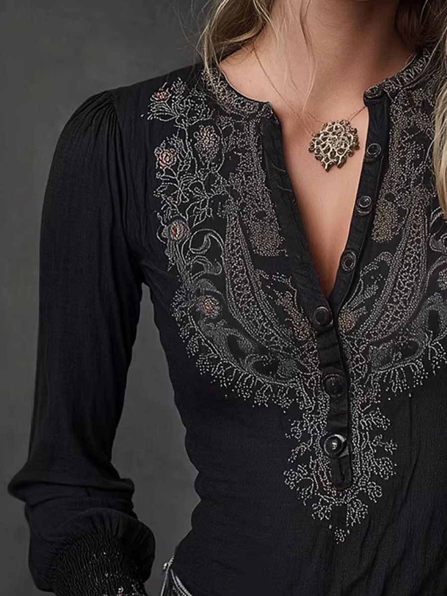 Per donna Camicia Blusa Bottoni Floreale Vintage Elegante Classico Manica Lunga Scollo a V Top Regolari Quotidiano Ferie Uscire Nero Estate Primavera Autunno del 2026 a $56.99 –P3