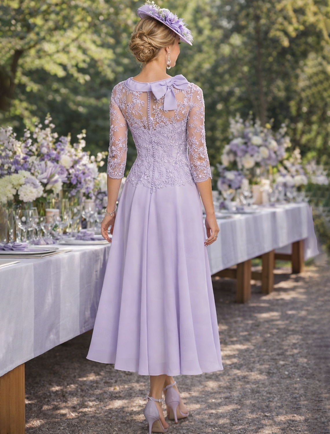 Strak kolom Over de knie Feestjurk Cocktail jurk Bruiloft gast jurk Moeder van de bruid jurk 3/4 mouw Ronde hals Feest Zoet Bruiloft gast Semi formeel Chiffon Kant met Plooien Kralen 2026 - $162.99 –P2