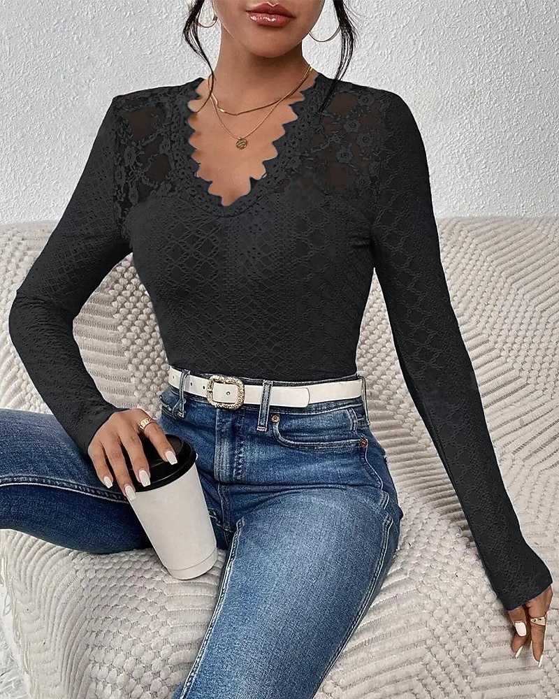 Dam Spets Splicing Top Spets Ögla Ensfärgat Elegant Mode Sexig Långärmad V-hals Vanliga toppar Dagligen Utekväll Helgen Blå Svart Vit Höst Vinter 2026 - $24.99 –P5