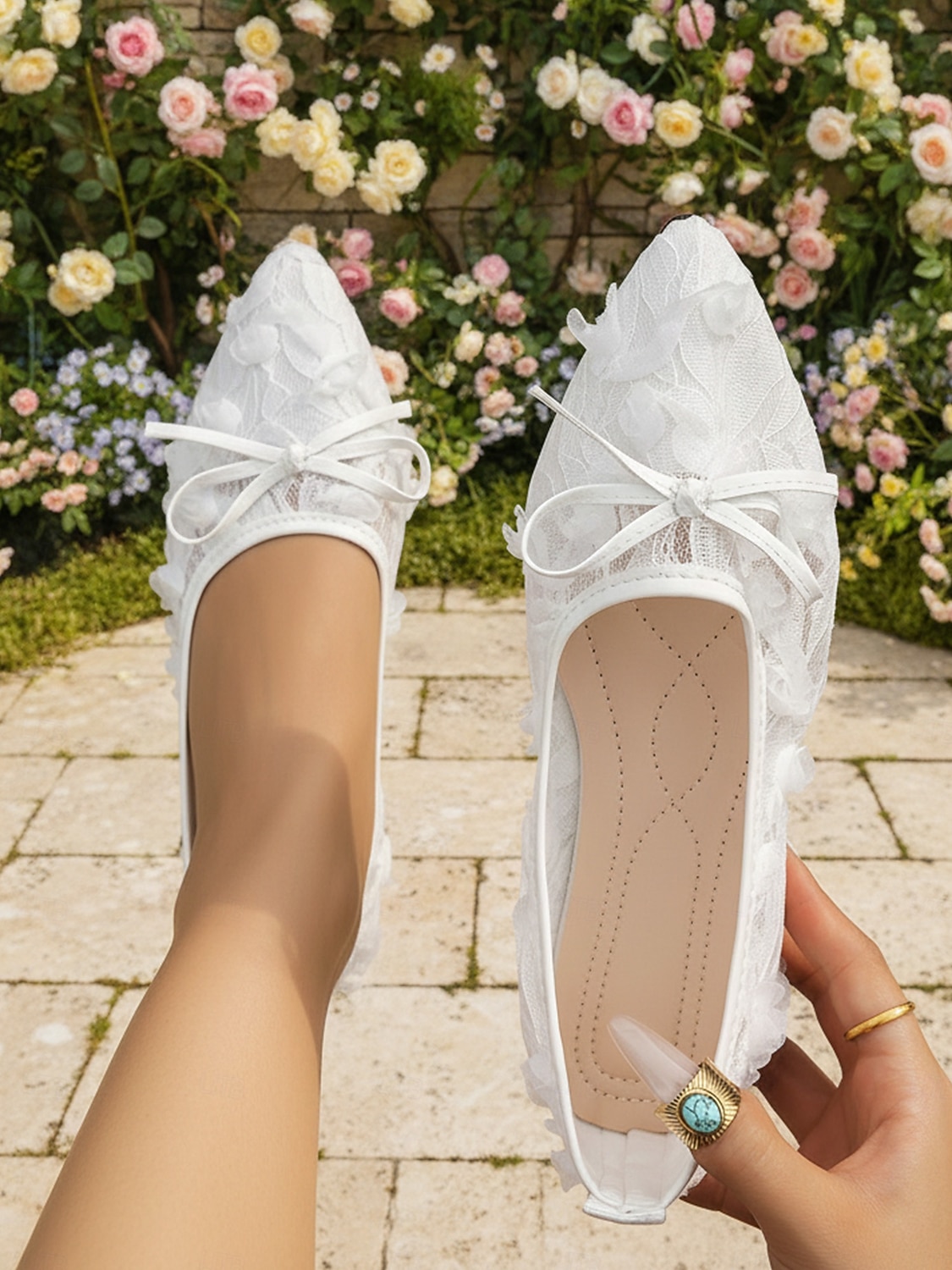 scarpe da sposa basse in pizzo color avorio da donna con fiocco, eleganti ballerine da sposa per matrimoni all'aperto in giardino del 2026 a $26.99 –P3