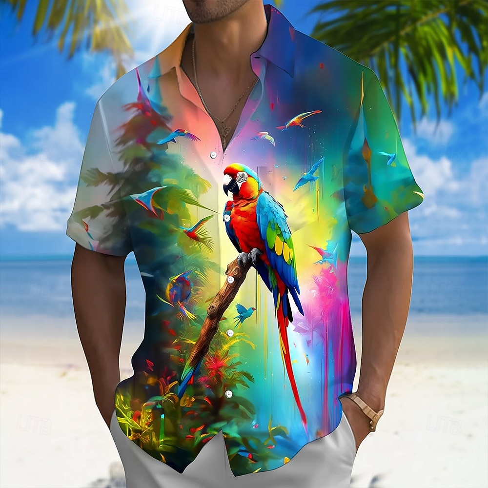 Homme Perroquet Plantes Tropicales Fleurs Chemise hawaïenne Chemise Boutonnée Chemise Aloha Manche Courte Hawaïen Vacances Été Printemps Col Rabattu Impression 3D chemises à col Une poche avant Bleu de 2026 ? $25.99 –P3