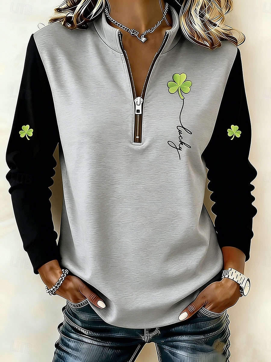 Moletom Feminino de São Patrício Pullover com Zíper Moletom Gráfico Shamrock Moda Casual Manga Longa Decote Redondo Zíper Metade Tops Regulares Roupas de Rua Diárias Estampado Verde Outono Inverno de 2026 por $27.99 –P4