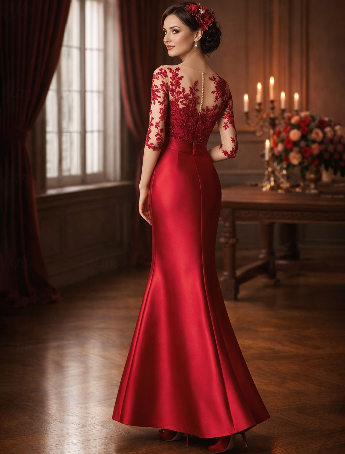 Mermaid Trumpet Floor Length Wedding Guest Dress Formal Dresses Evening Gown Mother of the Bride Dress 3/4 Length Sleeve Illusion Neck Elegant Mother Engagement Satin Lace with Appliques 2026 - $218.49 –P2