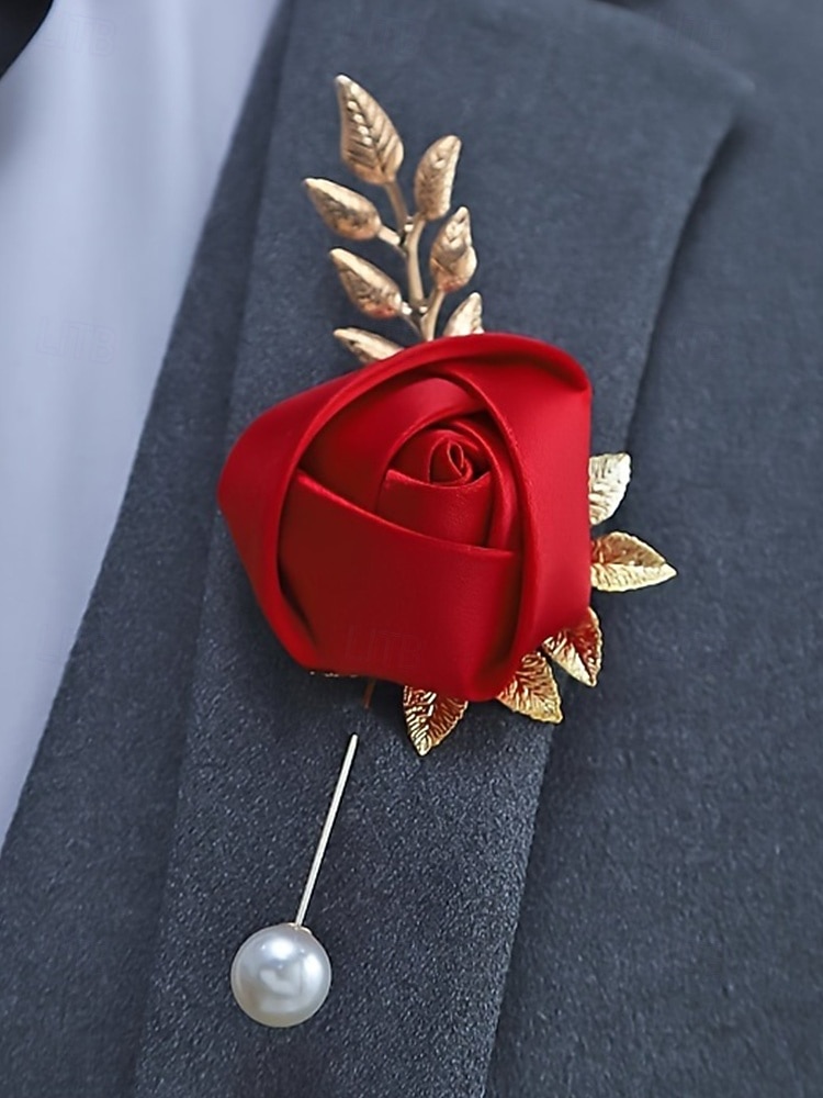 Pin de solapa de rosa de poliéster para hombre, varios colores, elegante accesorio para bodas y fiestas con detalles de perlas. 2026 - $7.99 –P4