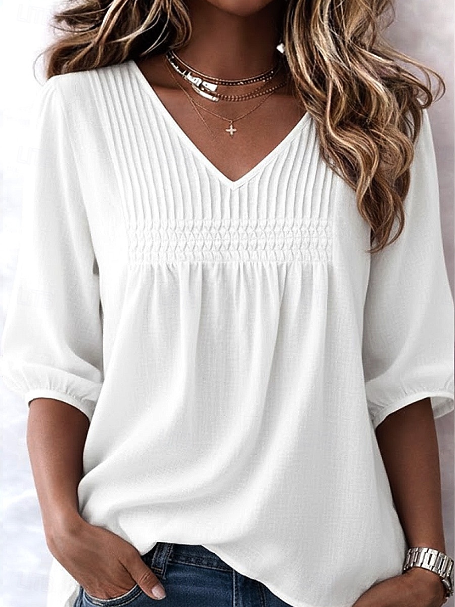 Mulheres Camisa Social Camisas com toque de linho Côr Sólida Tecido Vintage à moda Decote V Tops regulares Azul Branco Rosa Roxo Claro Verão Primavera de 2026 por $25.99 –P6