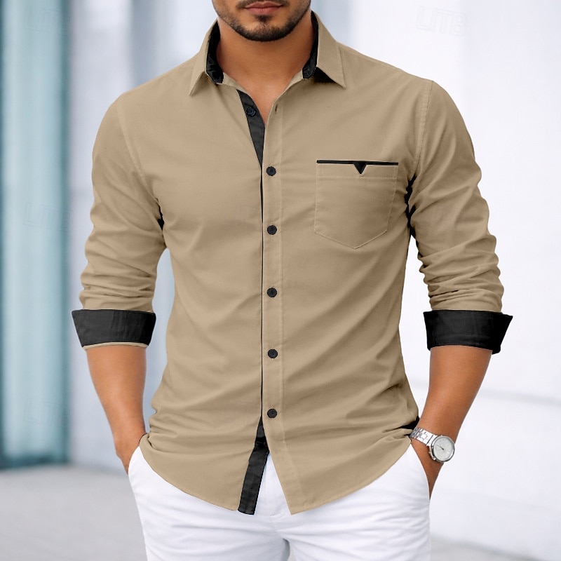 Per uomo Camicia Camicia elegante Camicia con Bottoni Tinta unica Quotidiano Affari Blu chiaro Nero Bianco Rosa Manica Lunga Collo ripiegato Tutte le stagioni Abbigliamento Patchwork del 2026 a $27.99 –P5