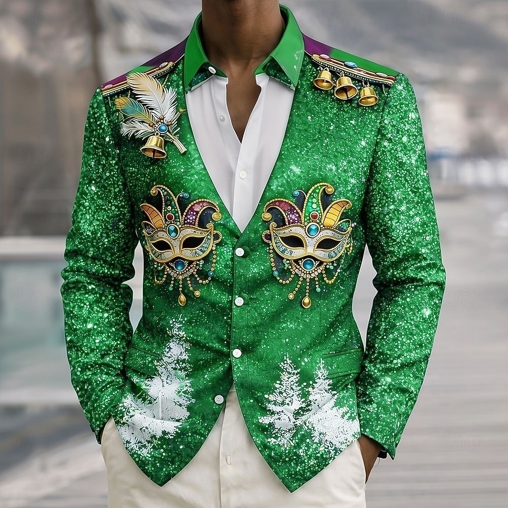 Mardi Gras Men's Carnival Faux Collar and Suit Design Mask with Feathers Shirt Button Up Shirt Long Sleeve Fashion Casual Party Holiday Spring Fall Turndown 3D Print Collared Shirts Purple Green Dark 2026 - $20.99 –P2