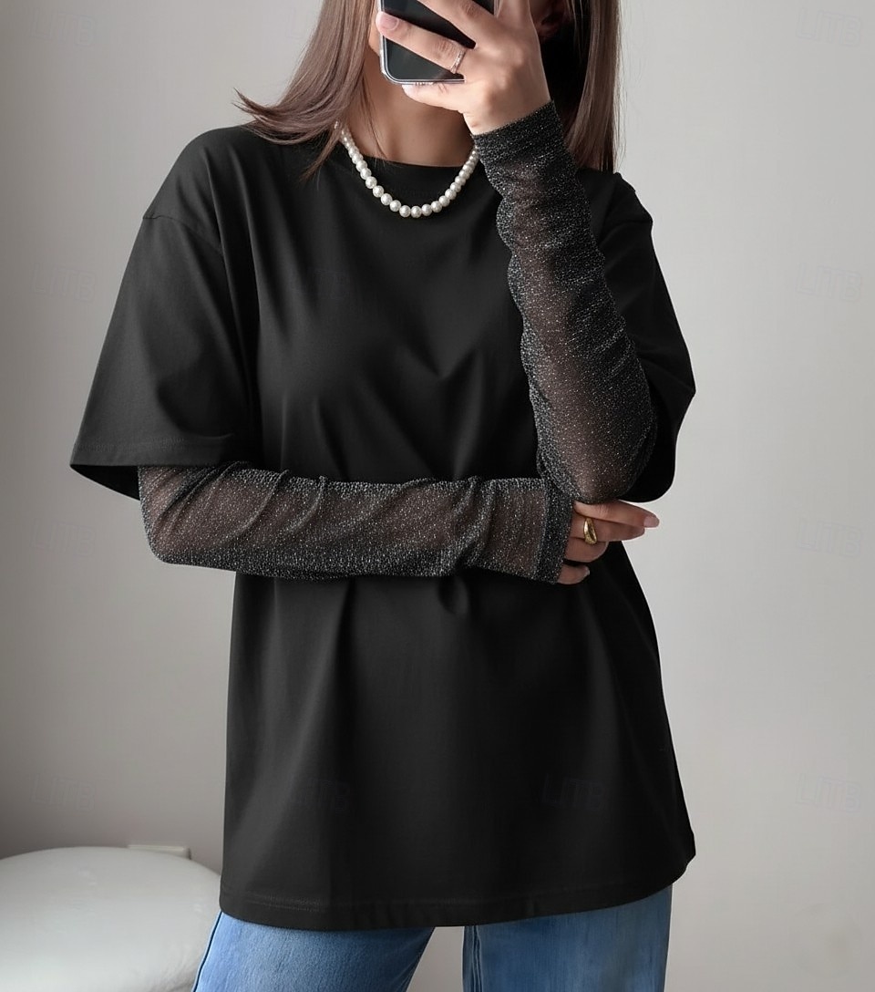 Naisten 100 % puuvillaverkkopaita tilkkutyö pitsi tilkkutyö feikki kaksiosainen yhdenvärinen tyylikäs rento pitkähihaisella pyöreällä kaula-aukolla säännölliset paidat päivittäinen ulkona musta khaki 2026 - $22.99 –P3