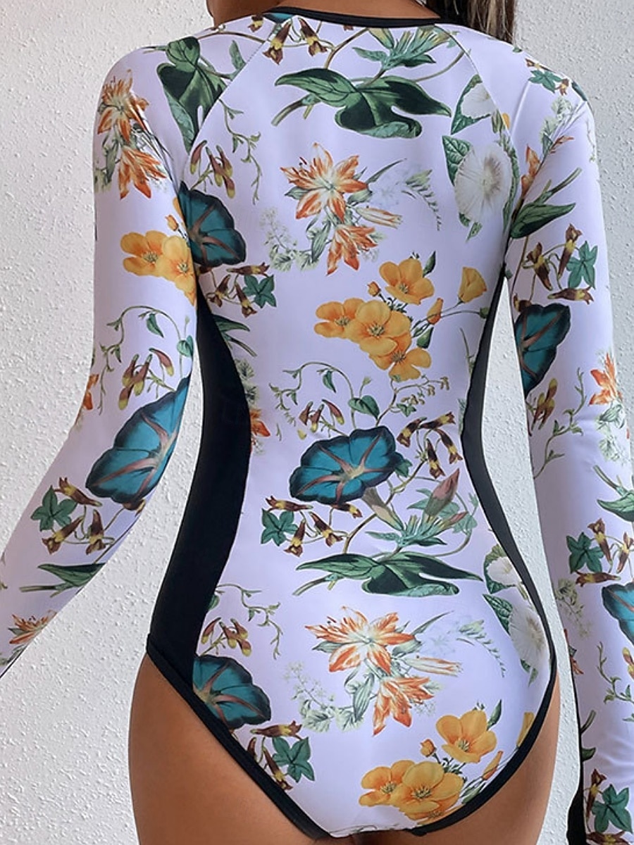 Dámské Plavky Jeden kus Monokini Plavky Zaštíhlující Vysoký pas Štíhlý prázdniny Oblečení na pláž Květinový Kulatý Dlouhý rukáv Plavky 2026 - $32.99 –P3