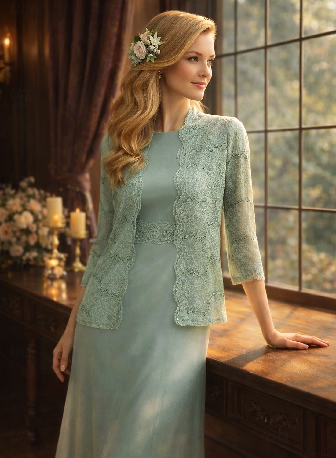 Duas Peças Linha A Até o Tornozelo Vestido de convidada de casamento Vestido Para Mãe dos Noivos Manga Longa Decote Canoa Elegante Simples Luxuoso Formal Convidado do casamento Chiffon com Renda de 2026 por $160.99 –P3
