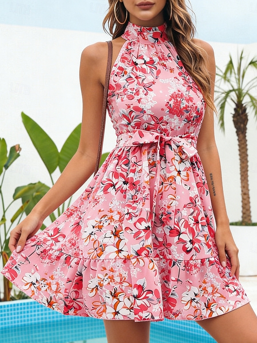 Dam Mini klänning A linjeklänning Blommig klänning Halter Neck Klänning Elegant Mode Modern Utomhus Semester Utekväll Normal Blommig Ärmlös Halterneck Blå Gul Rodnande Rosa Sommar Vår 2026 - $21.99 –P4