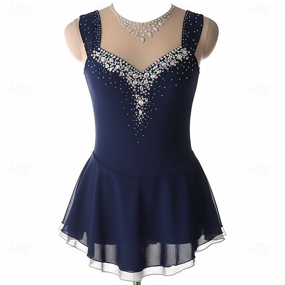 Vestido de patinaje artístico Mujer Patinaje Sobre Hielo Vestidos Azul marinero Retazos Espalda Abierta Alta elasticidad Entrenamiento Competición Ropa de Patinaje Clásico Cristal / Strass Sin Mangas 2026 - $159.99 –P1