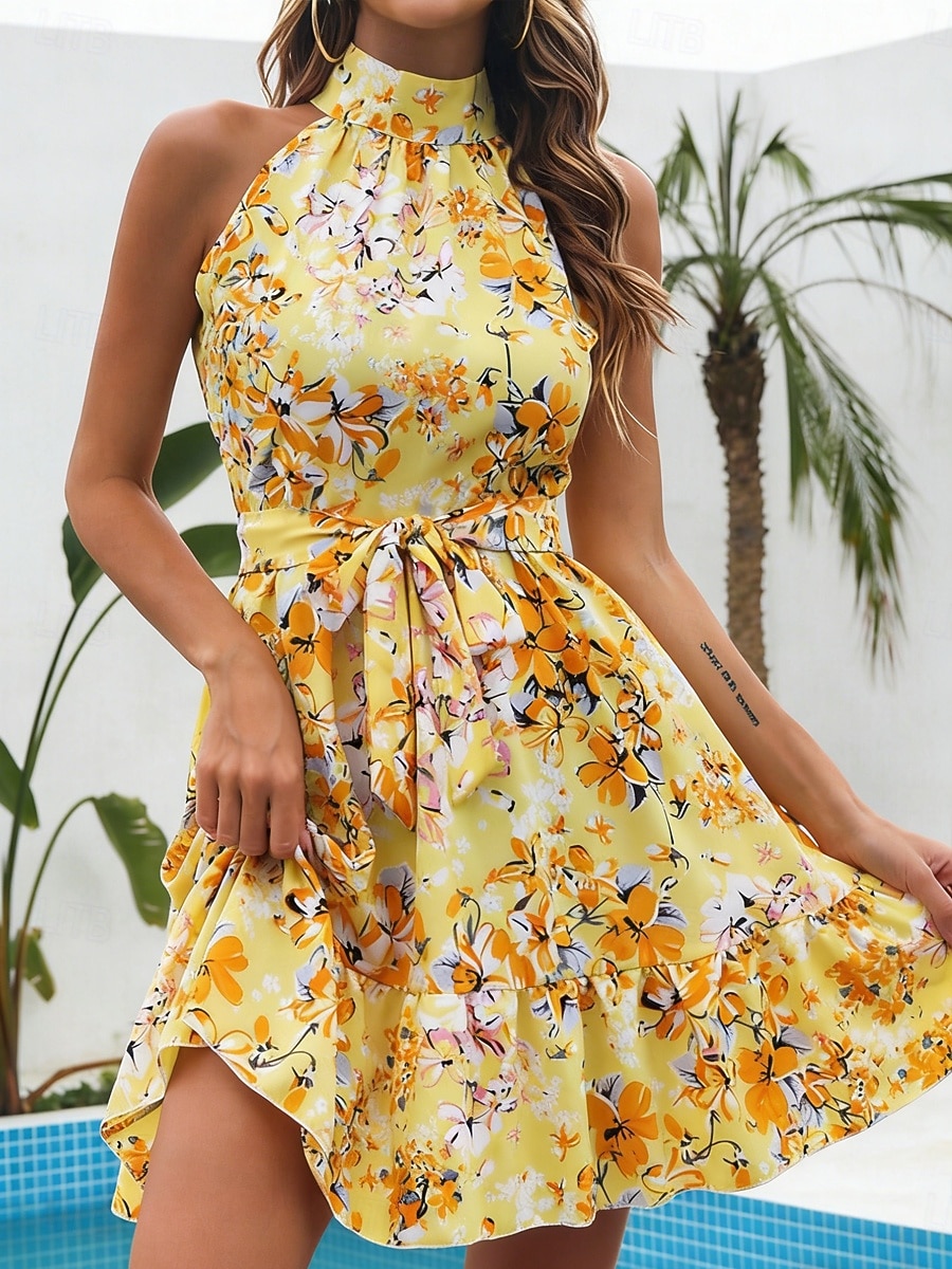 Dam Mini klänning A linjeklänning Blommig klänning Halter Neck Klänning Elegant Mode Modern Utomhus Semester Utekväll Normal Blommig Ärmlös Halterneck Blå Gul Rodnande Rosa Sommar Vår 2026 - $21.99 –P9