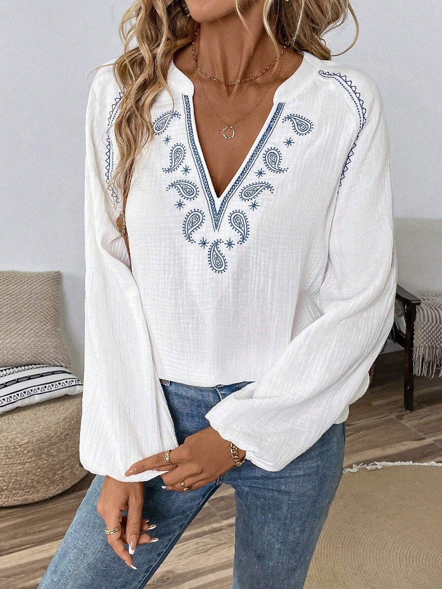 Dame Popover skjorte Uformell skjorte Bluse Broderi Paisly Elegant Bohem Fritid Langermet V-hals Vanlige topper Daglig utendørs Ferie Svart Hvit Navyblå Grønn Sommer Vår 2026 - $34.99 –P5