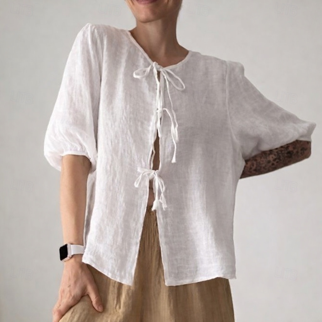 Damen Leinenhemd Sommerhemd Kunstbaumwollleinen Gerafft Vorderknoten Einfarbig Einfach Täglich Stilvoll Lässig Halbarm Rundhalsausschnitt Normale Oberteile Ferien Ausgehen Urlaubskleidung Weiß Sommer 2026 - $25.99 –P1