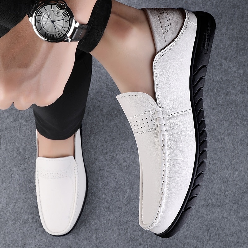 Men's White Moccasin Shoes, Genuine Faux Leather, Breathable Design, Classic Style, Comfortable for Casual Wear 2026 - $69.99 –P9