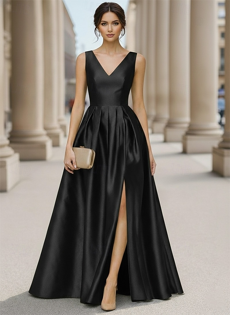 Linea ad A Lunghezza al pavimento Abito da Sera Elegante Quotidiano Senza Maniche Scollo a V Matrimonio Formale Taffetà con Pieghe Spacco del 2026 a $171.99 –P6